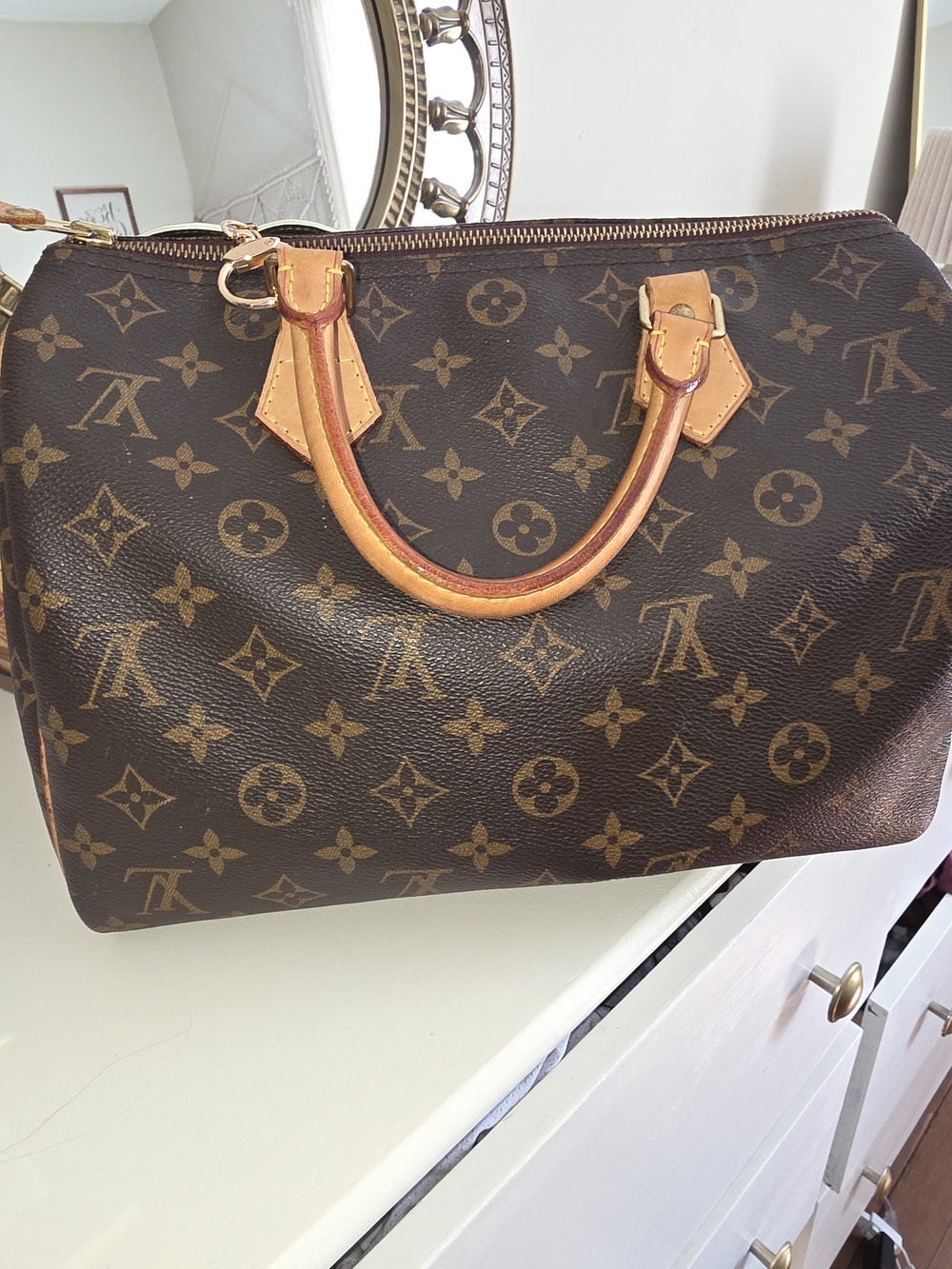 Louis Vuitton Brown Monogram Satchel with Tan Handles and Gold Hardware